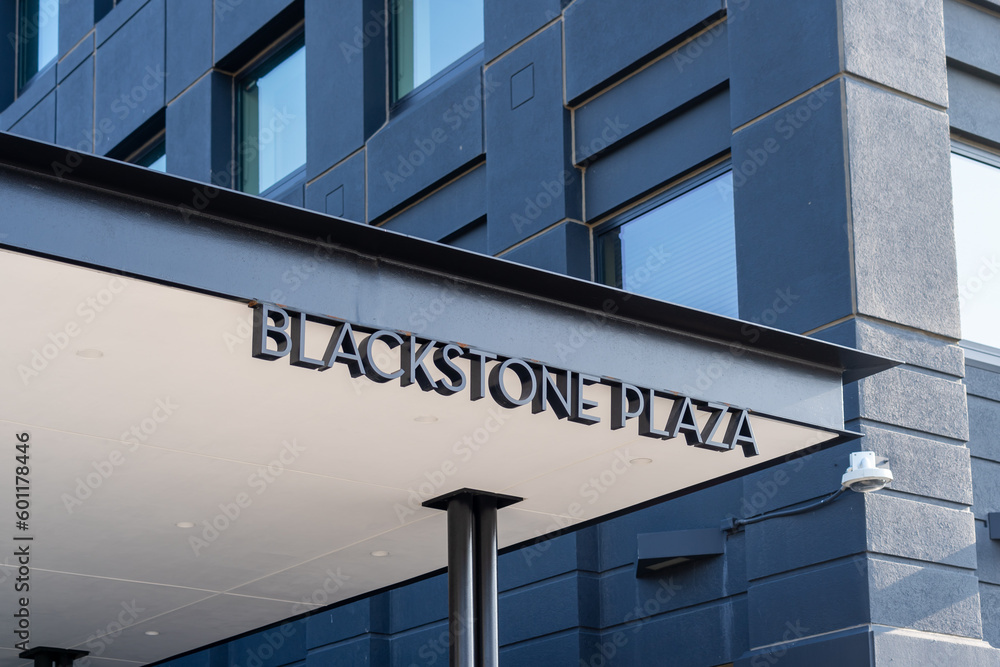 Omaha, NE, USA May 6, 2023 Blackstone Plaza building entrance in