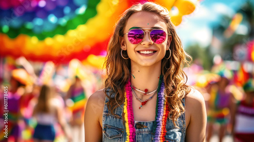 Pride June. Amidst rainbow hues, a  LGBTQ+ girl beams with joy, united with others in vibrant pride, celebrating individuality and love at a colorful event. Generative AI