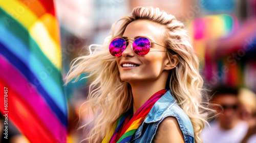Pride June. Amidst rainbow hues, a  LGBTQ+ girl beams with joy, united with others in vibrant pride, celebrating individuality and love at a colorful event. Generative AI © neo