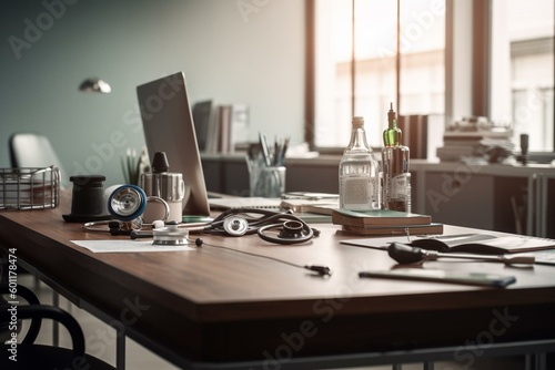 Panoramic banner of a doctor office desk with stethoscope in focus, representing healthcare and medical insurance concept. Generative AI