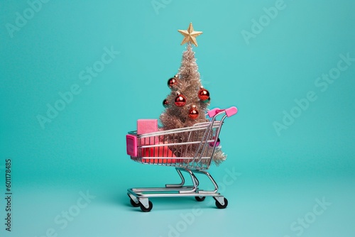 illustration, shopping cart with christmas tree, ai generative