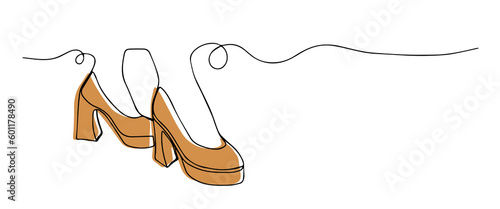 Continuous draw one line women shoes icon. Lady pumps highheel shoes outline. Fashion shoe design. Elegant women's shoe with colored flat background. Vector illustration with single line drawing