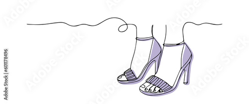 Continuous draw one line women shoes icon. Lady sandal highheel shoes outline. Fashion shoe design. Elegant women's shoe with colored flat background. Vector illustration with single line drawing