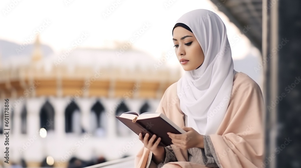 Muslim woman sitting and holding Quran in the city of arab, Generative ai