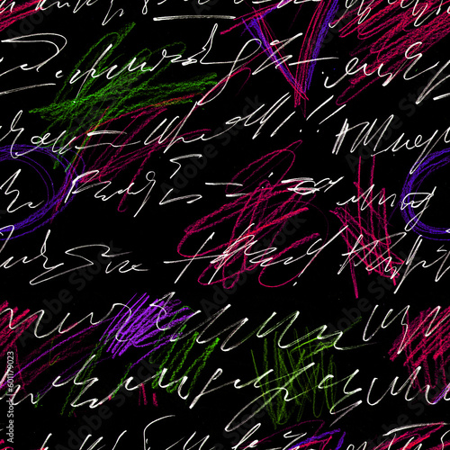 Handwritten illegible abstract text, seamless pattern. Black background, white letters, colored doodles