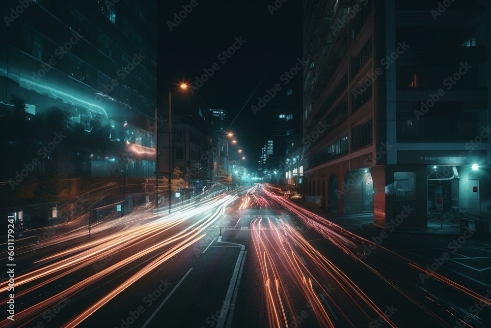 Dynamic light trails create an abstract urban landscape. Generative AI