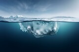 A huge white iceberg floats in frigid waters with an amazing clear underwater view. Representing polar geography at its finest. Generative AI
