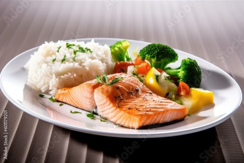 Grilled Salmon Steak with steamed vegetables and rice. Generative AI