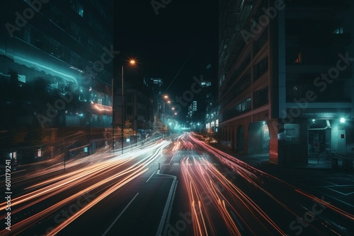 Dynamic light trails create an abstract urban landscape. Generative AI