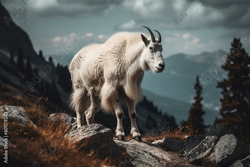 A mountain goat on a rock in the mountains in an art painting or poster print. Generative AI