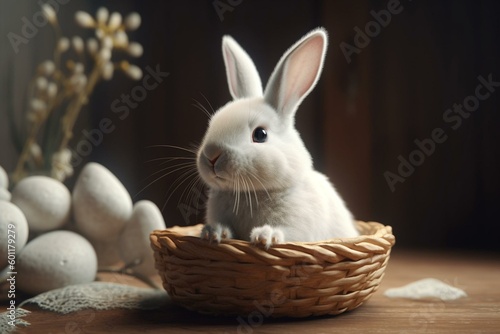 Illustration of an adorable bunny with an egg-filled basket. Generative AI