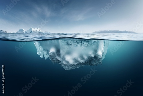 A huge white iceberg floats in frigid waters with an amazing clear underwater view. Representing polar geography at its finest. Generative AI © Carina