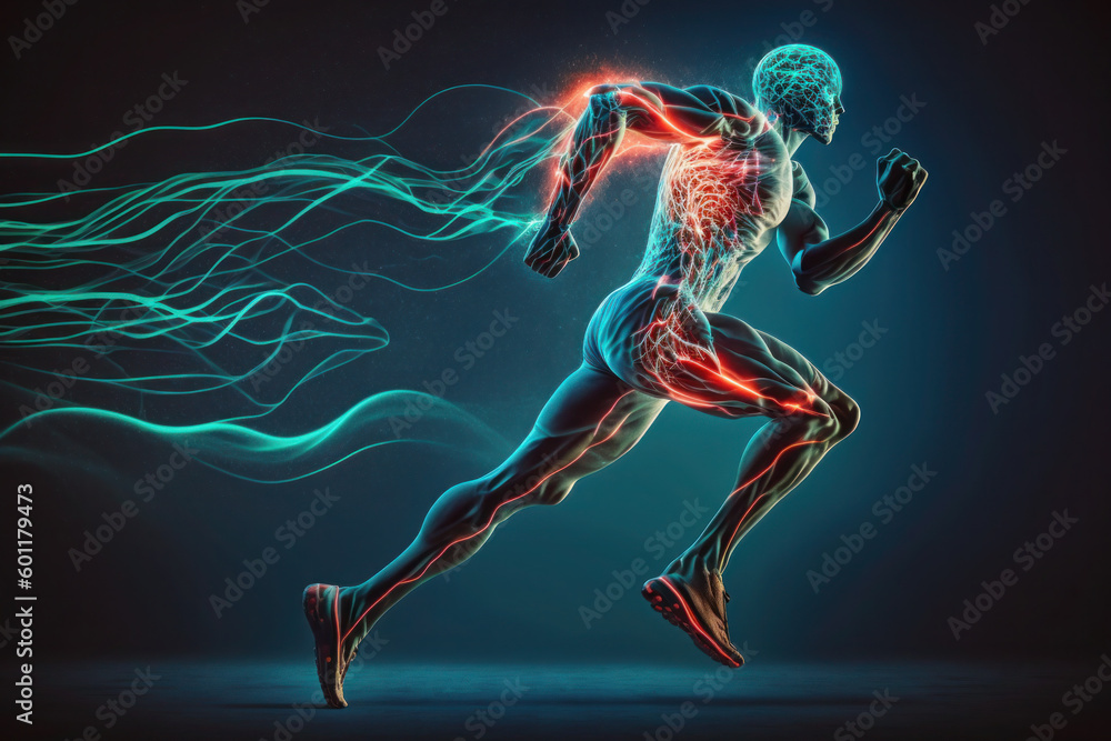 The man runs in motion. human brain and body. glowing Green lines. neural connections. artificial intelligence, cyberspace. AI Generative The man runs in motion. human brain and body. glowing Green lines. neural connections. artificial intelligence, cyberspace. AI Generative