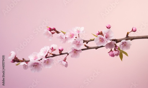  a branch with pink flowers on it against a pink background. generative ai