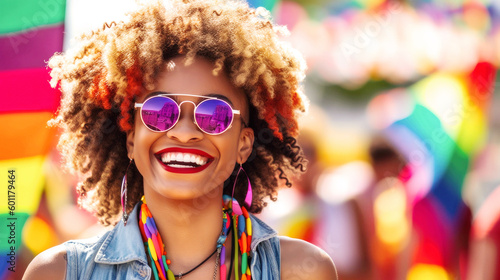 Pride June. Amidst rainbow hues, a LGBTQ+ afro-american woman beams with joy, united with others in vibrant pride, celebrating individuality and love at a colorful event. Generative AI