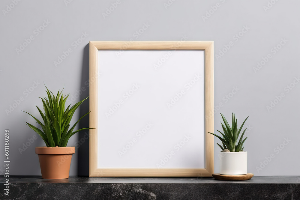 modern square blank mockup on a wooden table with trendy plant modern square blank mockup on a wooden table with trendy plant