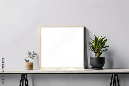 blank square mockup frame on a modern table with trendy plant