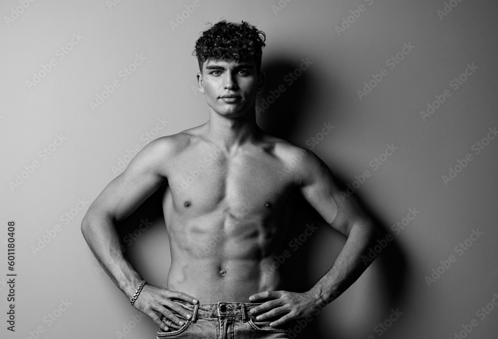 Fototapeta premium man adult black and white sport athletic studio jeans bodybuilding naked trend fashion strength