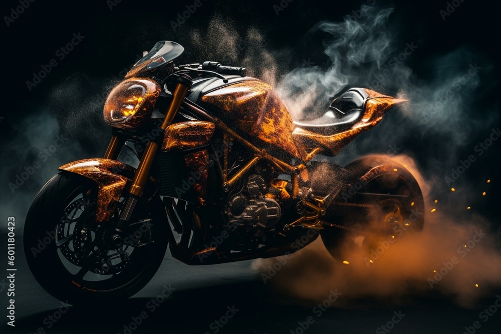 Motorcycle emitting orange and yellow smoke with reflected image on black background. Generative AI