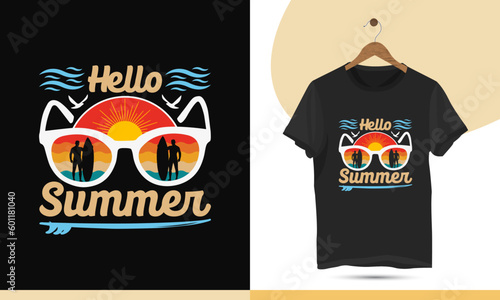 Hello, Summer retro-style t-shirt design template. Editable and customizable summer illustration for a shirt, mug, greeting card, and Poster.