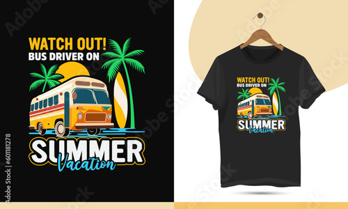 Summer vacation beach travel t-shirt design vector template. Graphic illustration with a bus, Palm tree, surfboard, and sunrise theme. it can be used for kids, shirts, mugs, and other print items.