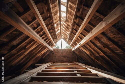 wooden roof structure in unfinished state. Generative AI