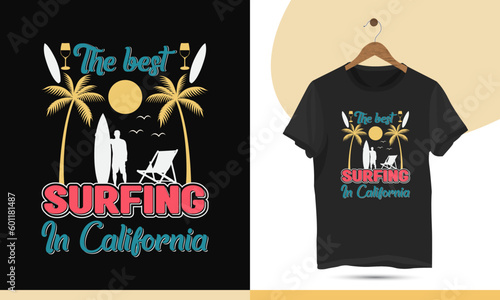 The best surfing in California - summer t-shirt design template. Illustration with a sun, surfboard, palm tree, bird, and drink glass silhouette.