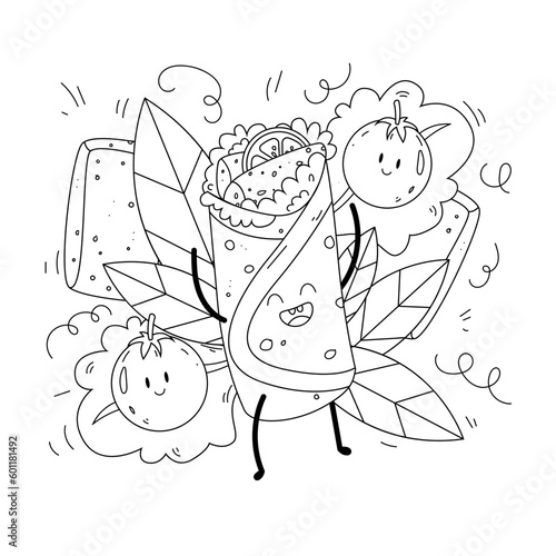 Happy character food taco. Mexican fast food coloring page. spicy ingredients. Vector illustration.
