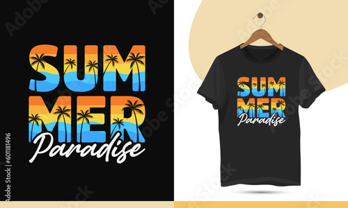 Summer Paradise vintage retro color-style typography t-shirt design template. The concept for beach lovers. Vector illustration with a palm tree, and sea.
