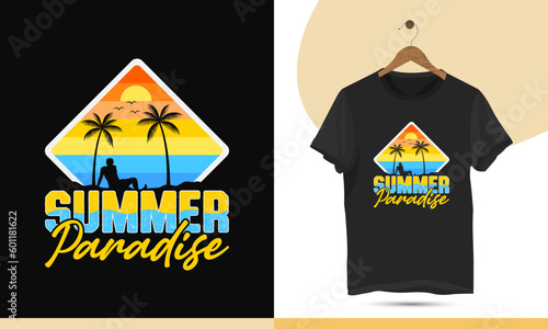 Summer Paradise vintage retro color-style t-shirt design template. The concept for beach lovers. Vector illustration with a palm tree, beach man, and summer theme.