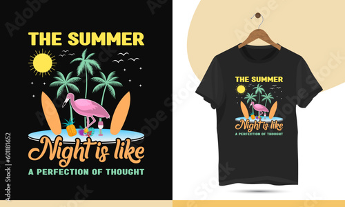Summer funny vector t-shirt design template. Illustration of the sun, palm tree, surfboard, and flamingo silhouette. Design quote - The summer night is like a perfection of thought.
