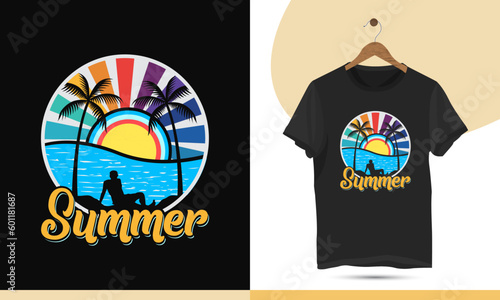 Summer t-shirt design vector template. Enjoy the beach party in Hawaii, Monica, Miami, California, paradise, and Florida with creative art.
