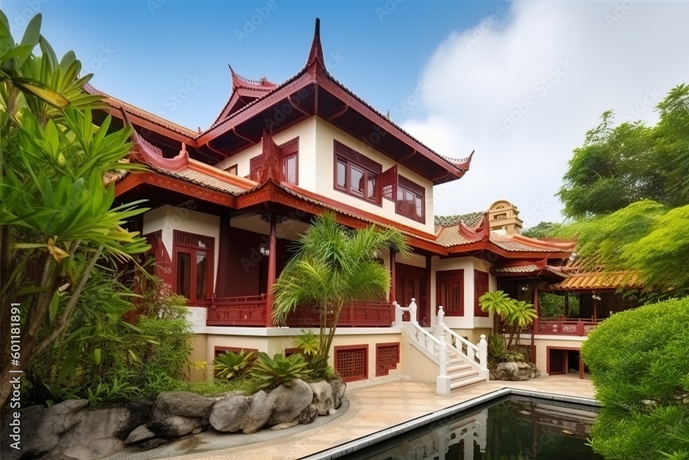 illustration, chinese style villa in the tropics, ai generative