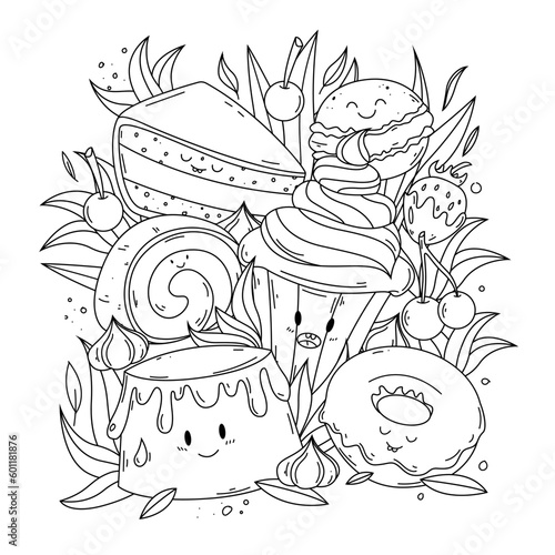 Hand drawn kawaii coloring book Vector illustration.
