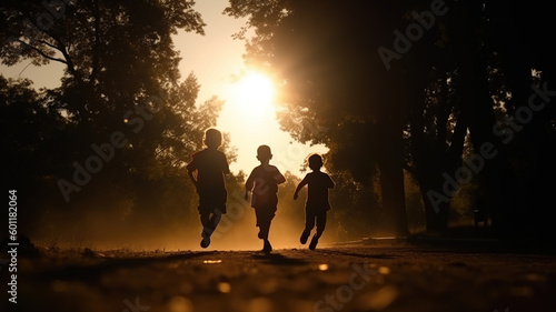 Children silhouette walking in the sunset park, play together in nature. Happy kids running at sunset in the park. Happy childhood dream concept. generative ai