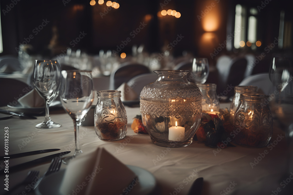 Elegant wedding table setting with floral centerpiece and golden accents. Perfect for wedding invitations and event planning designs. Generative AI Elegant wedding table setting with floral centerpiece and golden accents. Perfect for wedding invitations and event planning designs. Generative AI