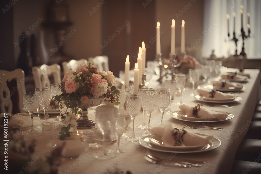 Elegant wedding table setting with floral centerpiece and golden accents. Perfect for wedding invitations and event planning designs. Generative AI  