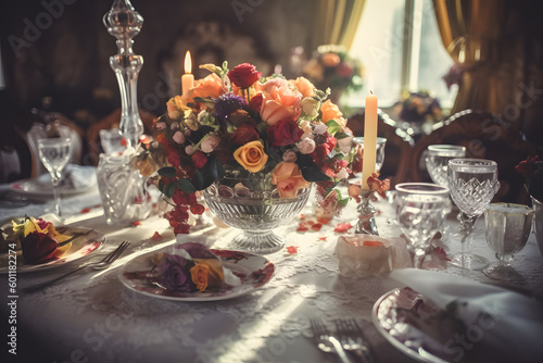 Elegant wedding table setting with floral centerpiece and golden accents. Perfect for wedding invitations and event planning designs. Generative AI   photo