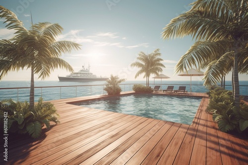 3D illustration of pool deck with palm tree overlooking the ocean under sunny skies. Generative AI © Bastian