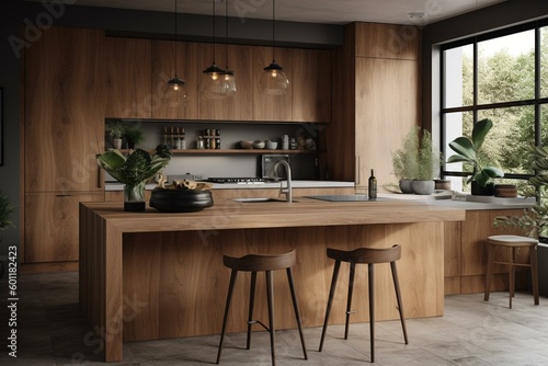 Contemporary kitchen design with wooden island - 3D visualization. Generative AI