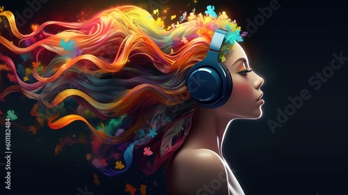 Creative girl in headphones with copy space. AI generation