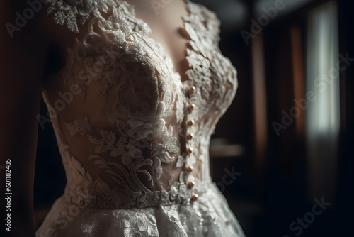 Stunning wedding dress for the modern bride. Ivory lace and tulle design with intricate beading and a long train. Perfect for bridal fashion and wedding planning designs. Generative AI  