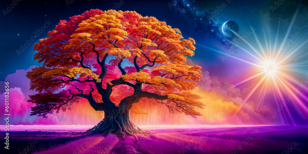 Fototapeta premium Surreal Sunset: A Whimsical and Imaginative Dreamscape of Enchanted Tree and Cosmic Magic.
