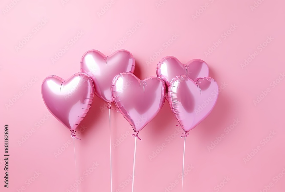 4 pink heart shaped balloons on pink background, generative ai