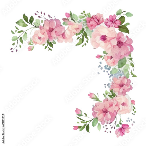 Watercolor pink flowers border. Vector vintage style.