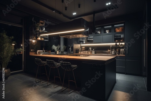 Contemporary high-end kitchen at night, digitally created visualization. Generative AI