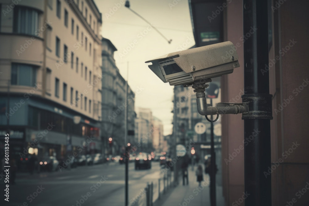 Surveillance camera at city street. CCTV monitoring system on building facade. Created with Generative AI Surveillance camera at city street. CCTV monitoring system on building facade. Created with Generative AI
