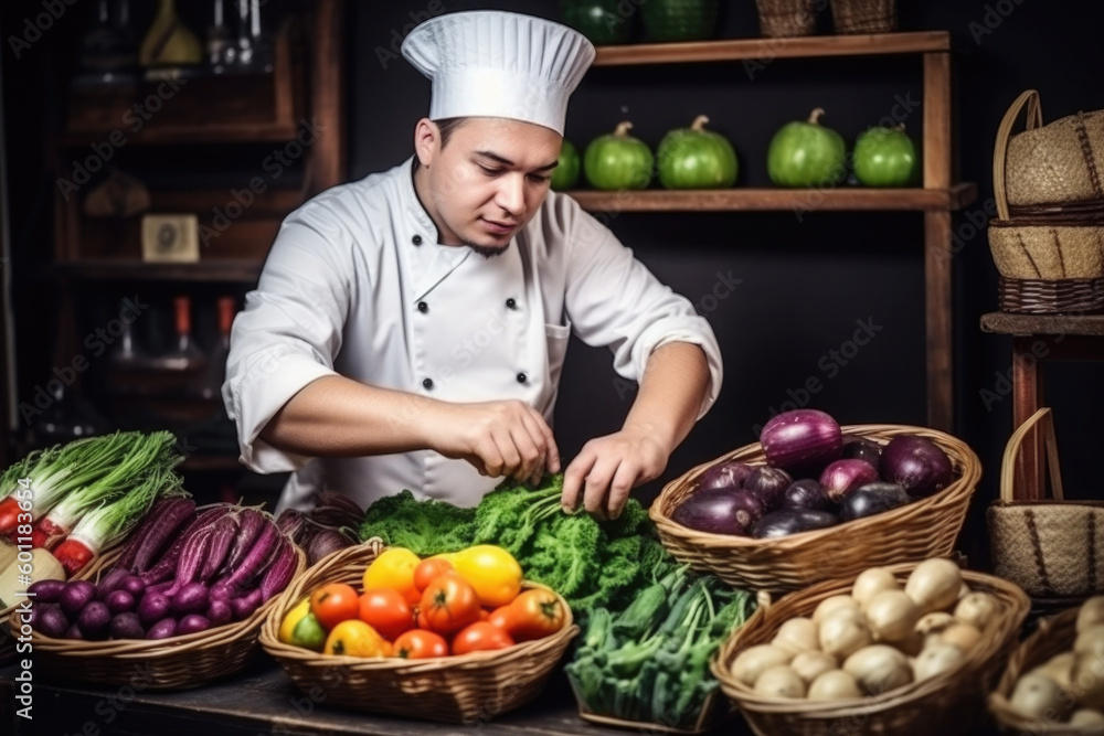 Chef wearing uniform choosing fresh vegetables at food market. Organic products of highest quality for cooking in restaurant. Created with Generative AI Chef wearing uniform choosing fresh vegetables at food market. Organic products of highest quality for cooking in restaurant. Created with Generative AI