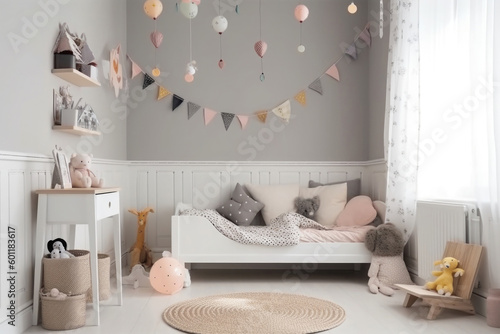 Child room in scandinavian style with natural colors and wooden furniture. Interior of cozy kids bedroom. Created with Generative AI © Lazy_Bear