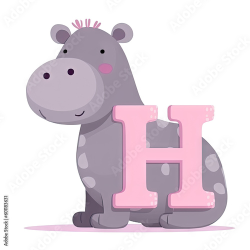 Kids alphabet. Cute grey cartoon hippo, hippopotamus standing near pinkw letter H on white background. Children abc lettering. AI generative photo